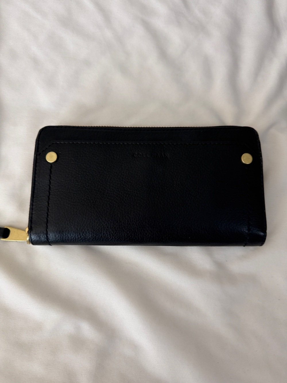 Cole Haan Black Leather Zip Wallet with Gold Hardware